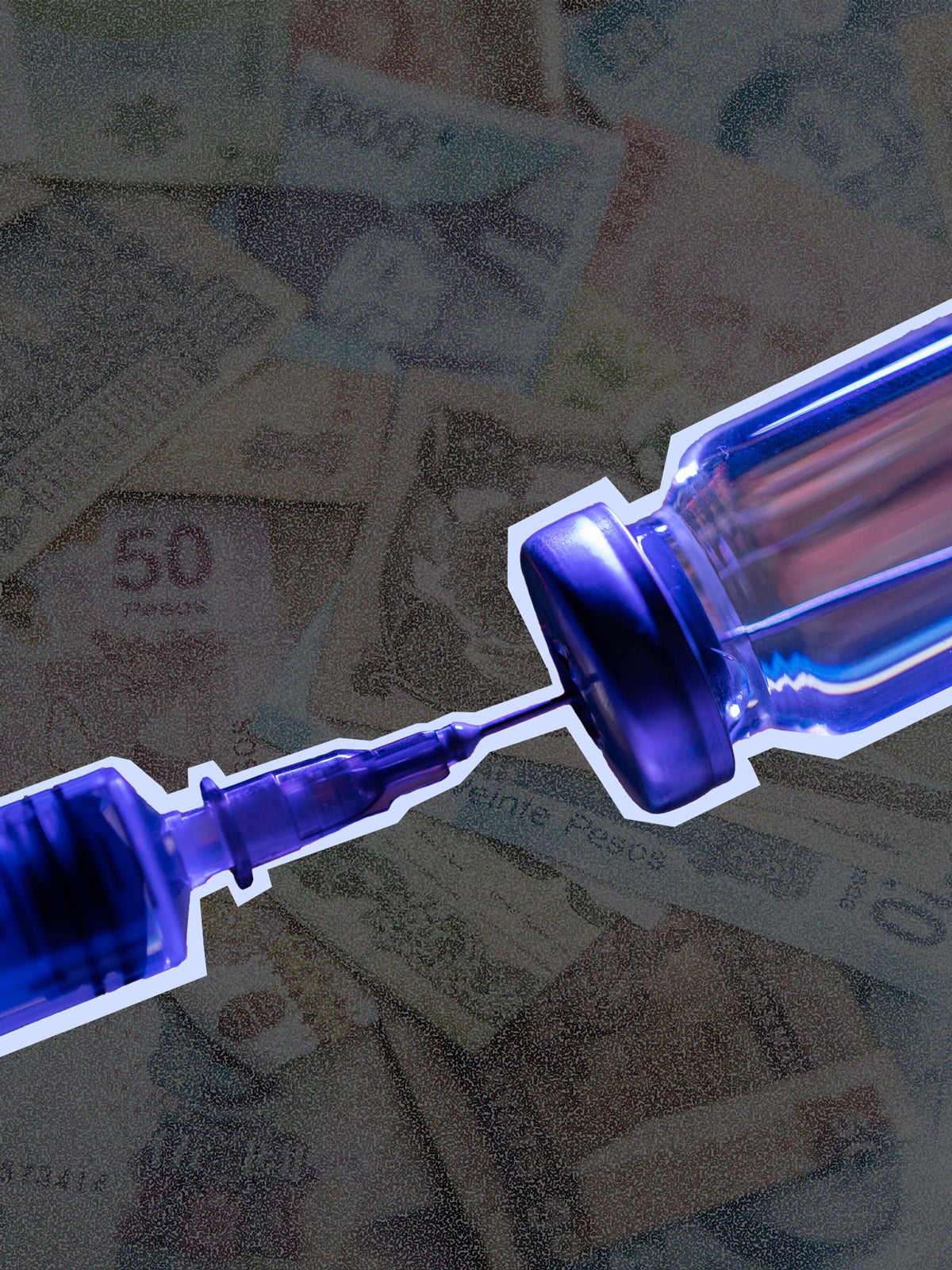 Photo illustration: A blue vaccine vial and syringe are overlaid on a grey-speckled background of paper currency from different countries.