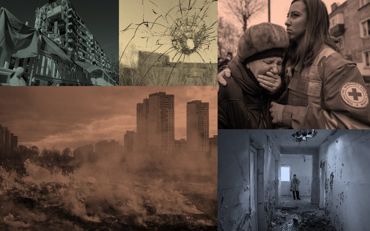 Photo collage: Five images from the war in Ukraine. Clockwise from top left: Green overlay: A blasted apartment building with Ukrainian flags hanging on a fence and stuffed animals lying in reverence in the foreground. Yellow overlay: A shattered window with a whole from shrapnel. Red overlay: A Red Cross volunteer embraces an elderly woman crying. Blue overlay: A woman stands at the end of a crumbling hallway in a former hospital. Orange overlay: fires burn in a field with apartment and city buildings in the background.