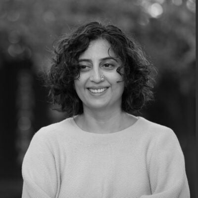 Black and white portrait of Vidya Krishnan