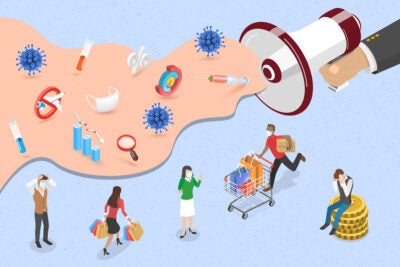 Conceptual Illustration: Five shoppers holding bags or pushing carts and wearing masks look panicked while a wave of disease symbols float above them: masks, coronavirus, declining charts, vials, no travel signs and syringes. The symbols are coming out of a megaphone held by a giant hand outside of the frame.