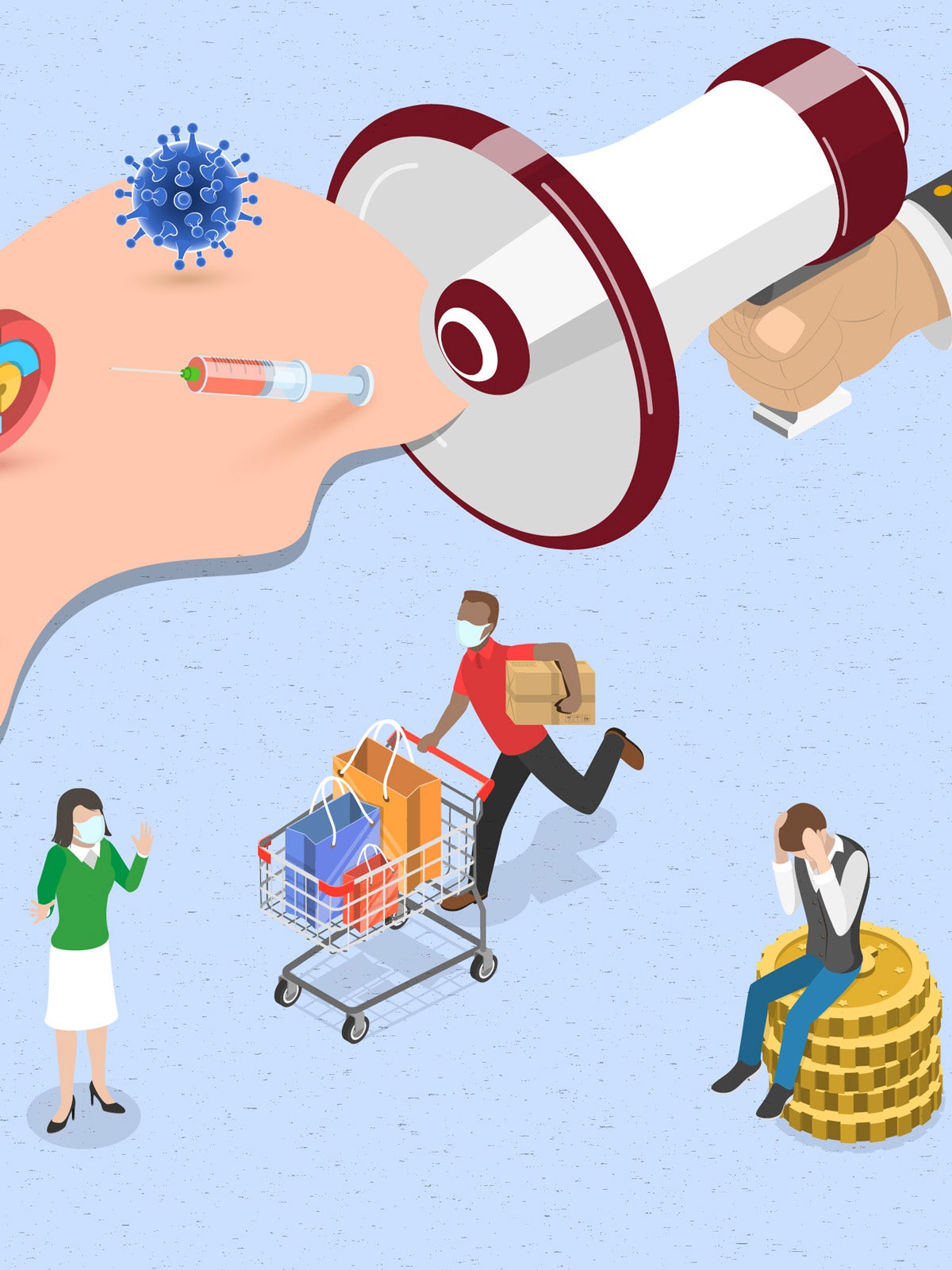 Conceptual Illustration: Five shoppers holding bags or pushing carts and wearing masks look panicked while a wave of disease symbols float above them: masks, coronavirus, declining charts, vials, no travel signs and syringes. The symbols are coming out of a megaphone held by a giant hand outside of the frame.