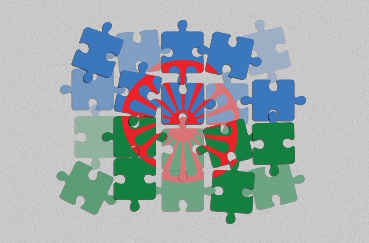 Illustration: Pieces of a Roma Flag puzzle on a gray-speckled background. Some pieces are fading in color and appearance.