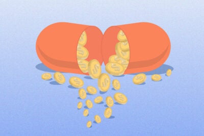 Conceptual illustration: A light orange pill is split in half. Yellow dollar coins are released from it and spill onto the surface. The composition is on a blueish-purple, speckled background.