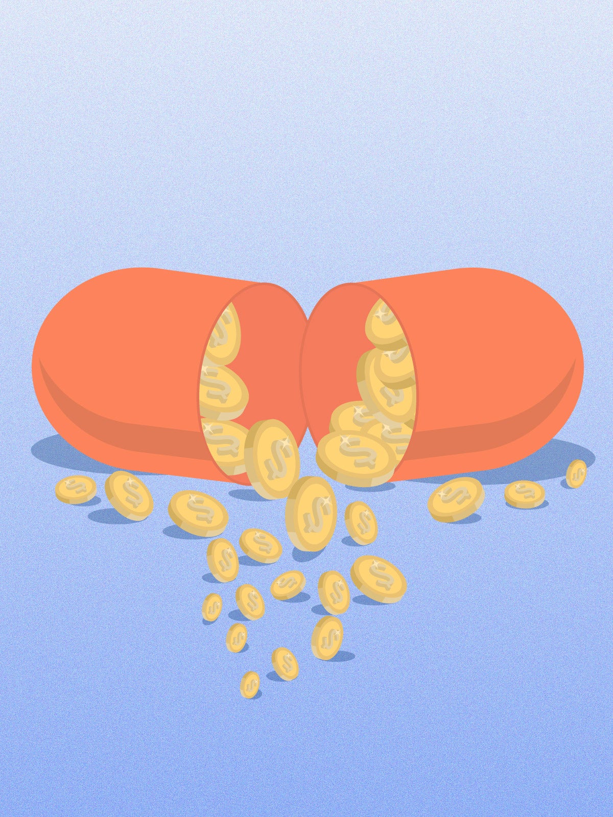 Conceptual illustration: A light orange pill is split in half. Yellow dollar coins are released from it and spill onto the surface. The composition is on a blueish-purple, speckled background.