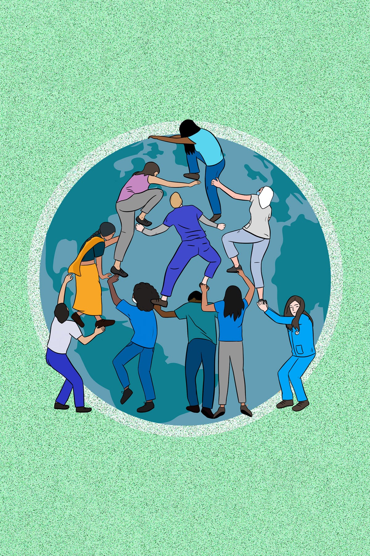 Illustration: Women figures of different skin tones and races climb on top of each other against a globe. The illustration is on a speckled sea-green background.
