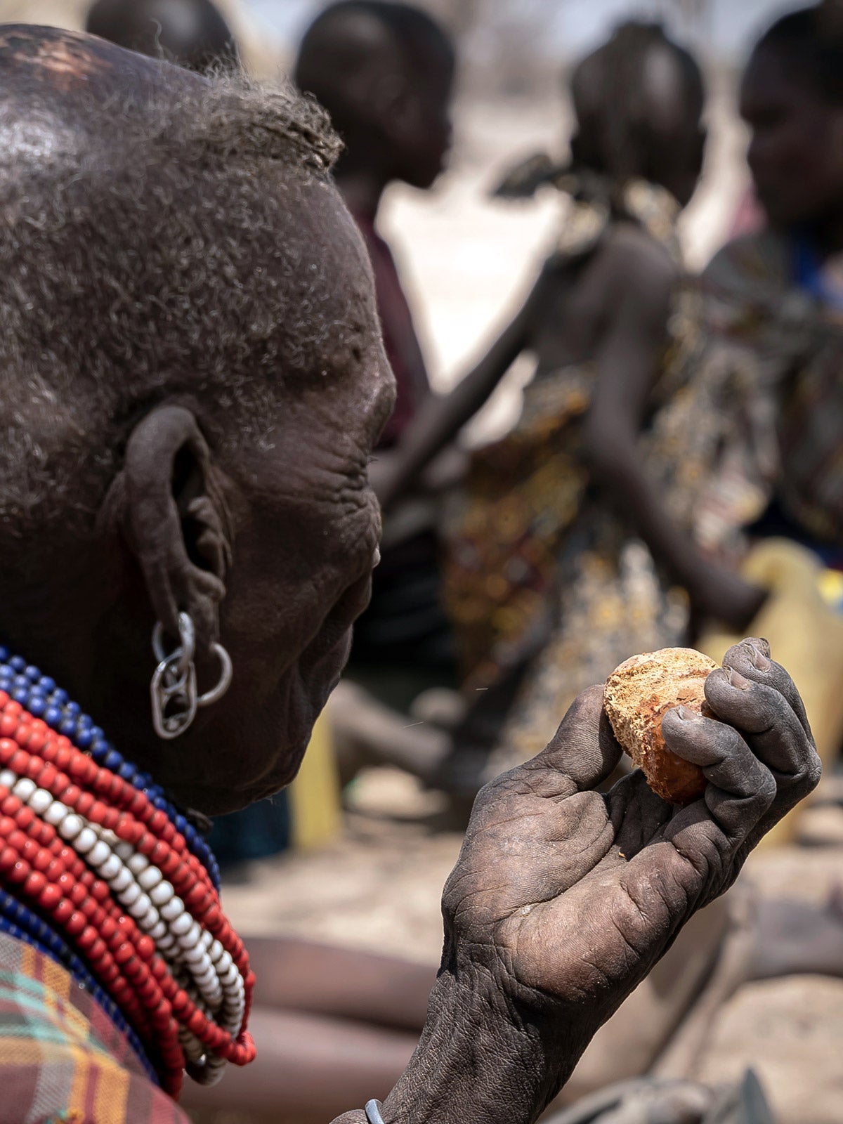A woman of the East African Turkana tribe eats the seed of a palm tree. She is mostly bald, wears traditional tribal clothing and a beaded necklace and a silver earring made of a can tab. The palm seed is brown-red, is round, shriveled and about the size of a clementine.