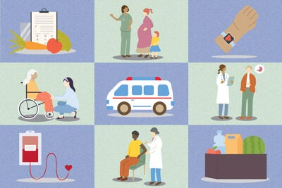 Illustration: A green and blue speckled checkerboard of 9 squares show examples of community health and hospital services. Top row: Nutrition and wellness, pregnancy care, heart rate monitor; Middle row: Elderly care, ambulance services, health check-ups; Bottom row: Blood donations, vaccines, community supplies.