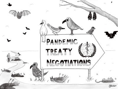 Editorial cartoon: Black and white pencil drawing of a roadside sign that says "pandemic treaty negotiations" and has the WHO logo. Angry looking birds are perched on the sign, while dead birds lay on the ground and bats fly in the sky.