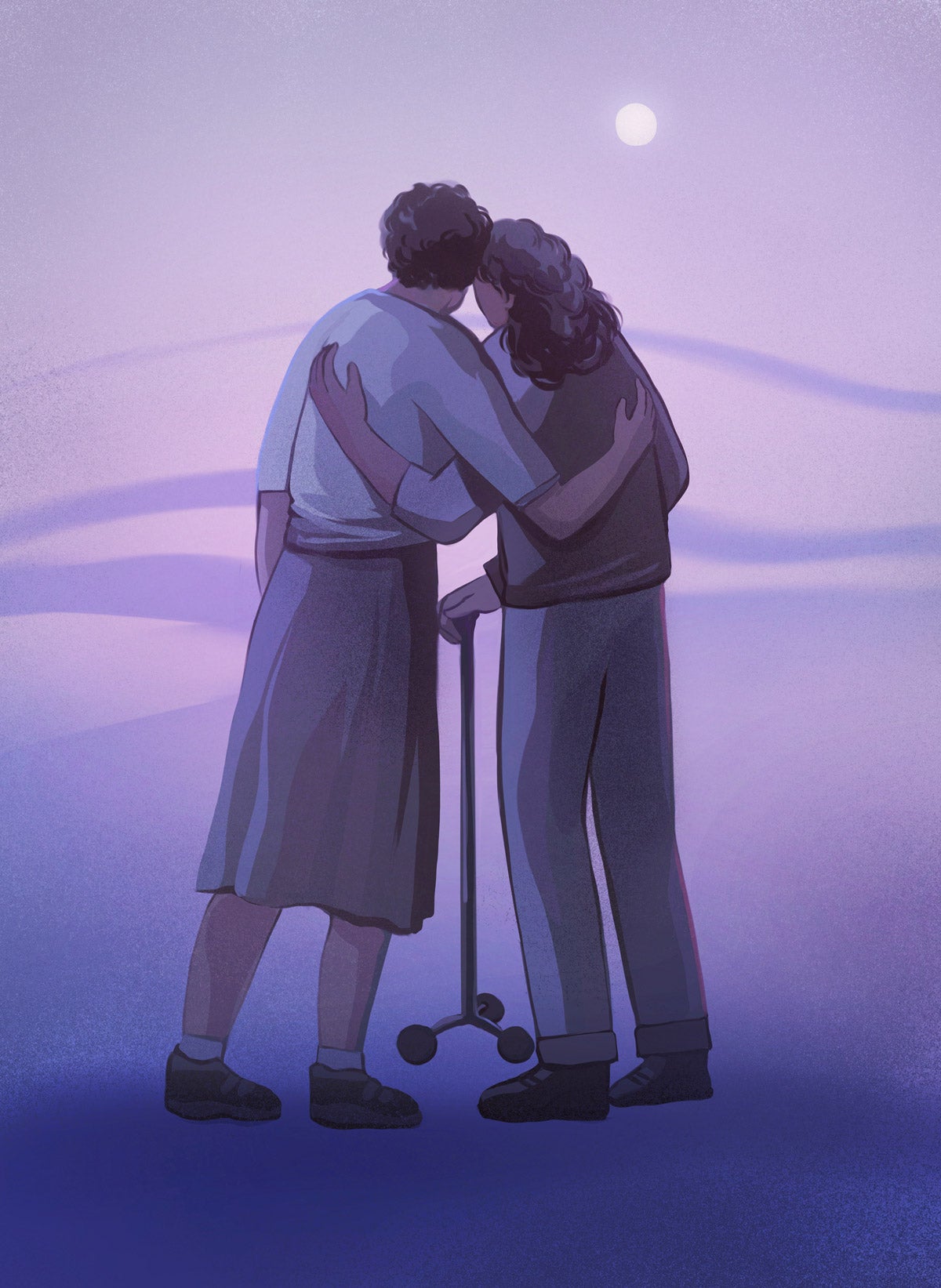 Illustration: Two female figures with their back toward the viewer embrace in a side hug. The figure on the right has a cane. The composition is shades of purple in a non-descript scene. A white full moon glows in the top right.
