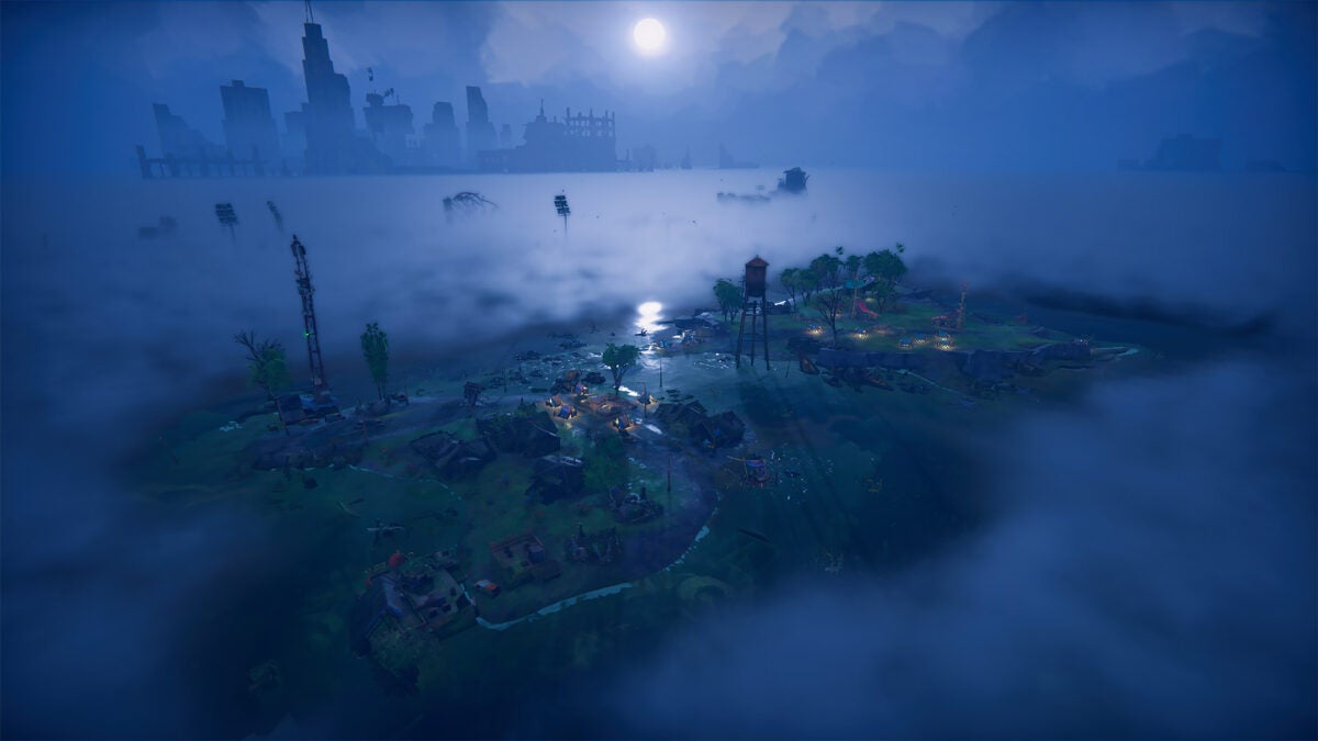 Video game still: An aerial view of an urban camp settlement. The surrounding area is covered in a blue-hazy fog and indicates destruction.