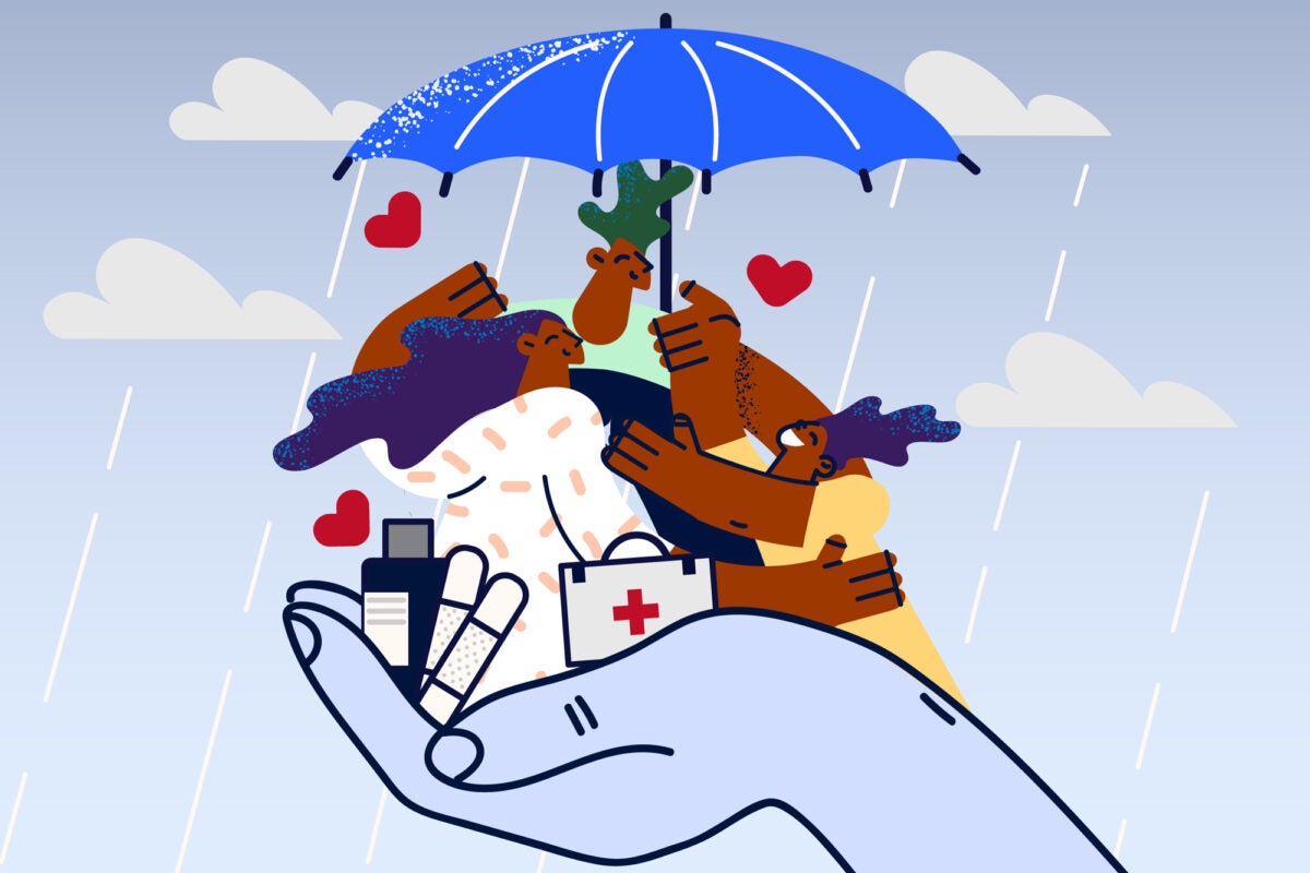 Illustration: A family of three holds each other under an umbrella and smiles widely. They are being held by an oversized hand and there are hearts, oversized pill bottles and band-aids, and a medicinal case with them. The background is a blue-gray gradient with clouds and white rain lines.