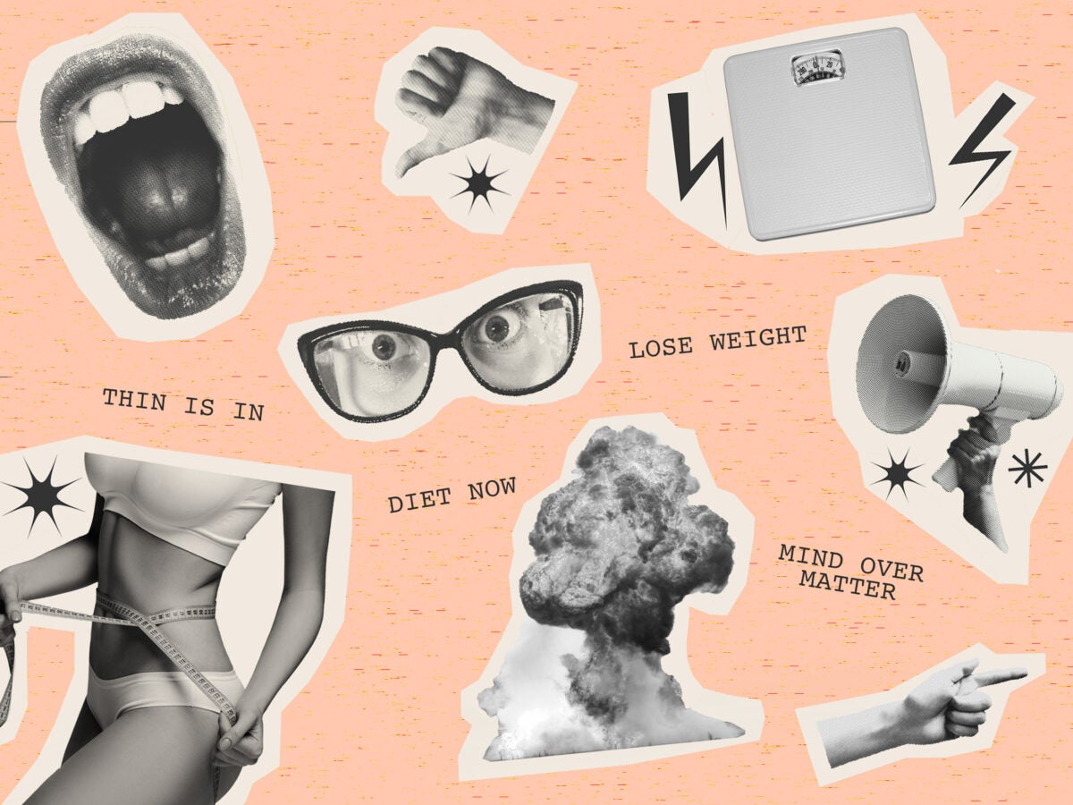 Black and white paper cutouts are scattered on a textured-blush background. The images are an isolated mouth shouting, a pair of glasses with eyes staring, a large explosion, a mega-hone, a pointing finger, a thumbs-down , a scale and a thin female midsection in underwear with a measuring tape around her midsection. Black type-writer text is scattered on the image. It reads: “Thin is in.” “Diet now.” “Lose weight.” “Mind over matter.