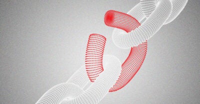 Digital illustration: a metal chain link is constructed of fine light grey dots. The link in the middle is broken and is constructed of fine bright red dots. The composition is on a light grey fuzzy background.