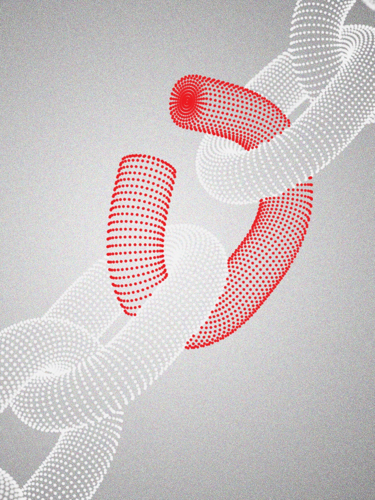 Digital illustration: a metal chain link is constructed of fine light grey dots. The link in the middle is broken and is constructed of fine bright red dots. The composition is on a light grey fuzzy background.