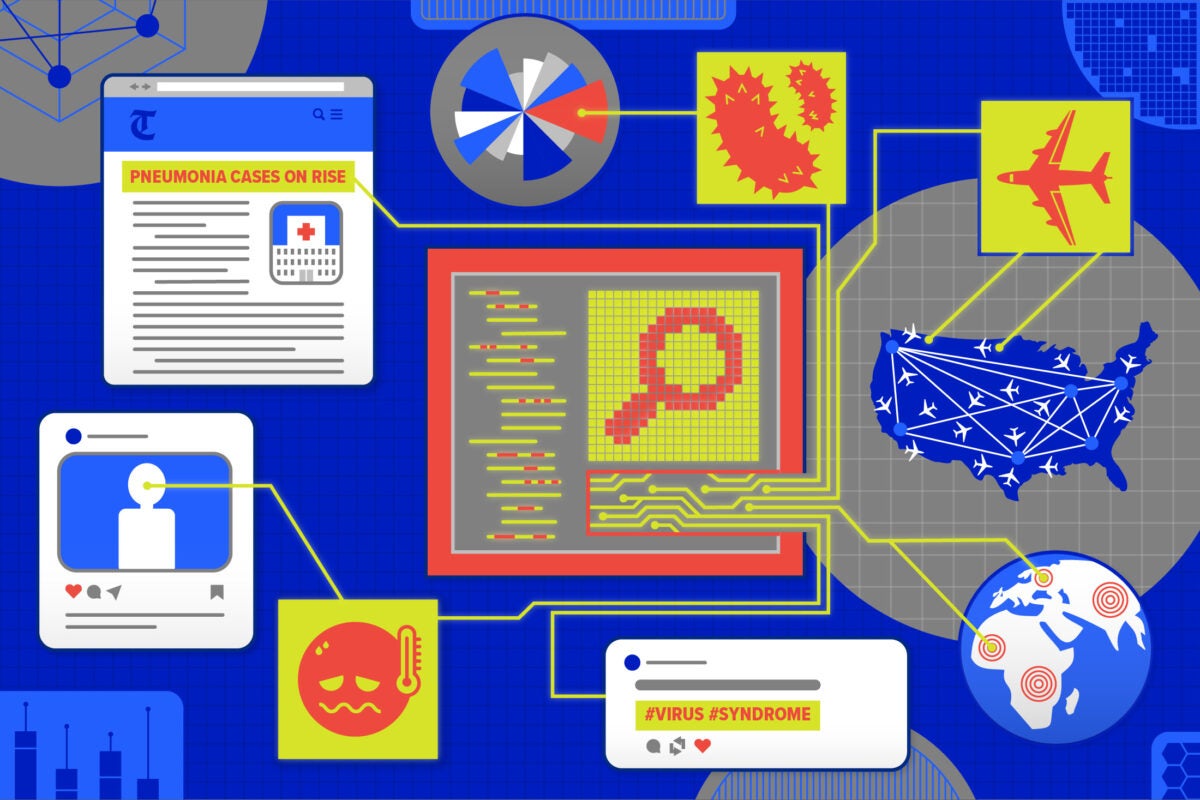 Vector illustration: A central figure in red, grey and yellow, representing artificial intelligence, shows a magnifying glass, circuit board lines, and code. From this figure, lines connect to data, social posts, articles, data, viruses, maps, and other elements. The background is a bright blue and has a square grid texture.