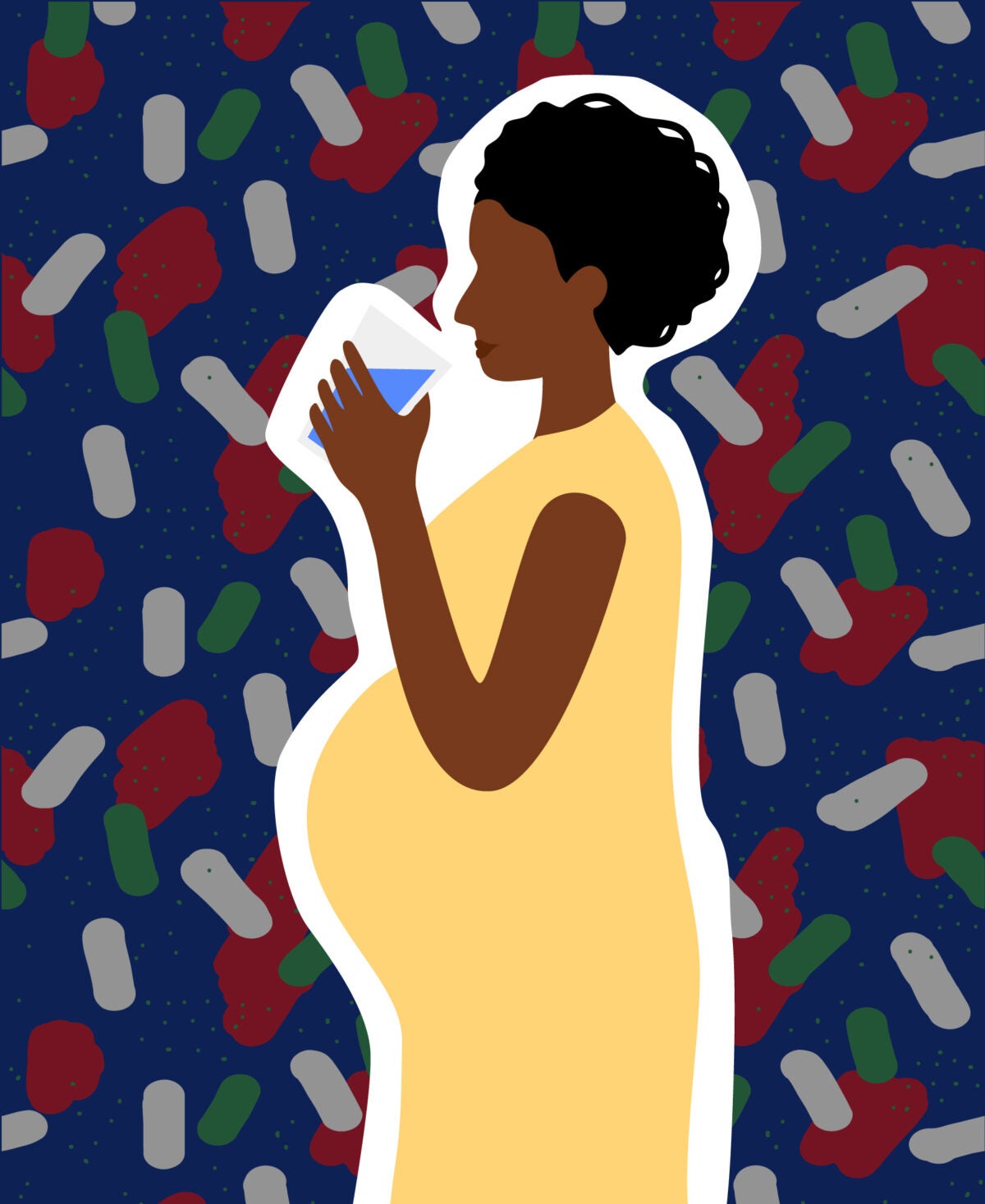 Illustration: A side portrait of a pregnant, black woman with short hair and a yellow dress drinks a glass of water. She is in front of a dark blue patterned background with oval shapes and blobs indicating toxins and germs.