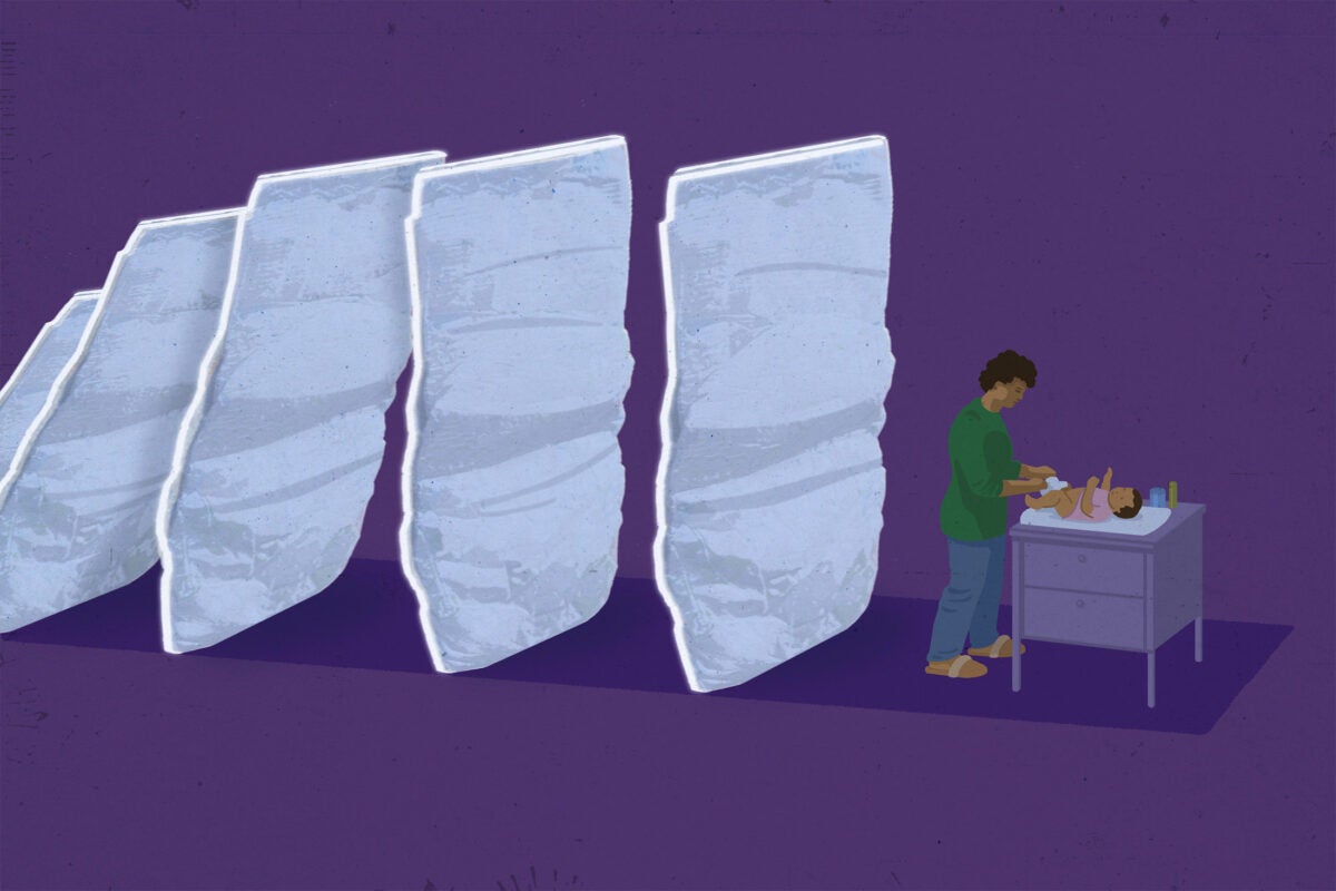 A parent changes an infant on a changing table. A row of oversized diapers looms over the parent like a row of dominos about to collapse. The composition is on a dark purple background.