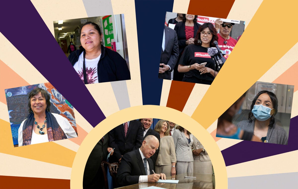 Photo collage: a sunburst pattern has a photo of a bill being signed at center. Four photos are interspersed through the colorful sunbeams. L-R: Middle aged Latina woman smiling, young Latina woman smiling, young Latina woman wearing a “Health Care 4 All” t-shirt speaks in front of a microphone at a protest, and a medical worker wearing a grey sweater and blue mask speaks to a patient off-camera.