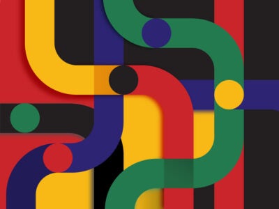 Illustration: Circles move on a series of red, yellow, black, blue and green paths, the colors of the South African flag.