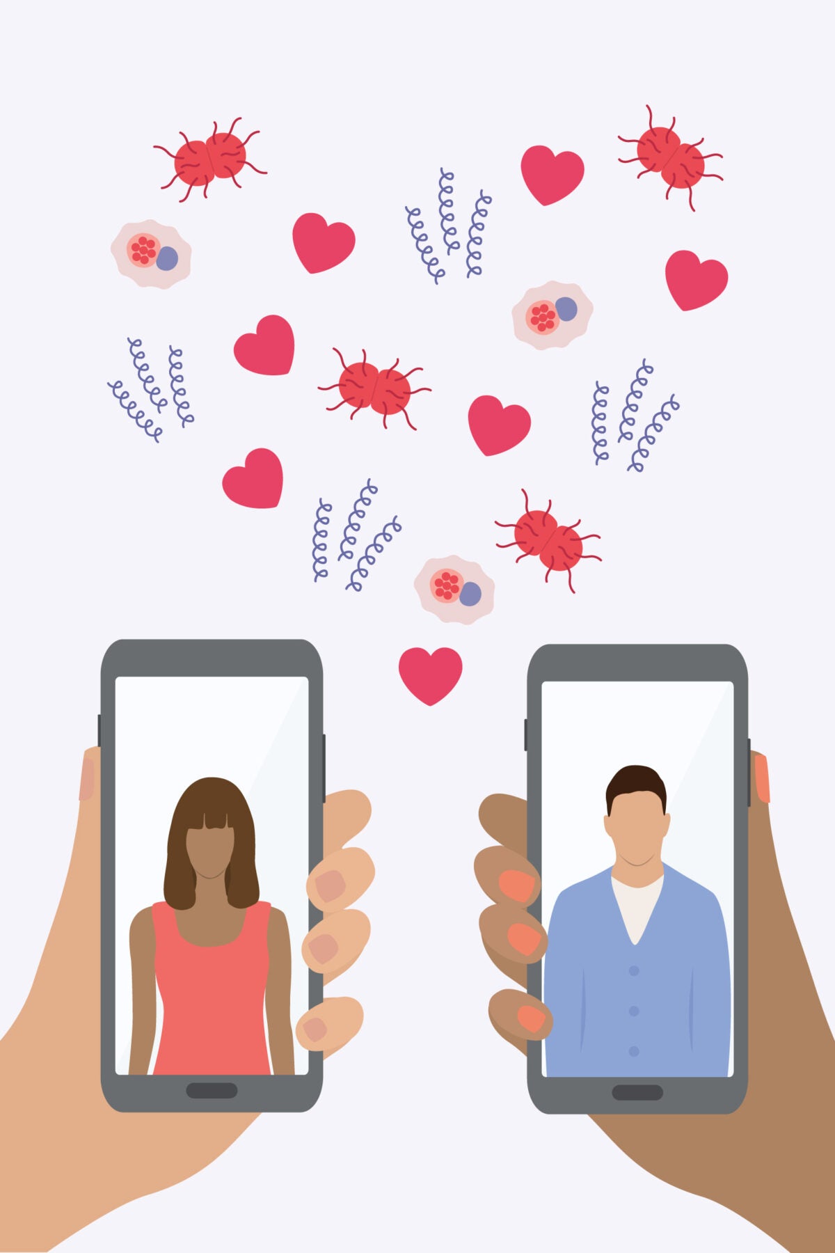 Illustration: Two different hands hold up opposite online dating profiles. In the negative space between the hands are illustrated hearts but also illustrated STI viruses: syphilis, gonorrhea, and chlamydia. The composition is on a pale lavender background.