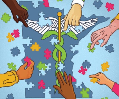 Illustration: Six different hands work to put together a puzzle in the shape of the state of Minnesota with the Medicaid caduceus at the center. The hands are different races and ages. The puzzle pieces are blue, pink, yellow and green.