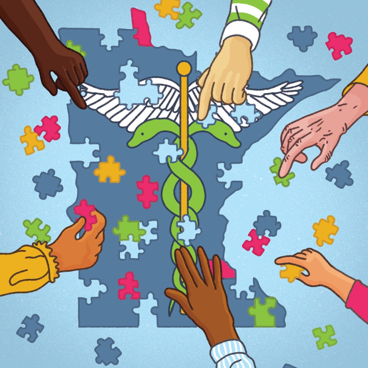 Illustration: Six different hands work to put together a puzzle in the shape of the state of Minnesota with the Medicaid caduceus at the center. The hands are different races and ages. The puzzle pieces are blue, pink, yellow and green.
