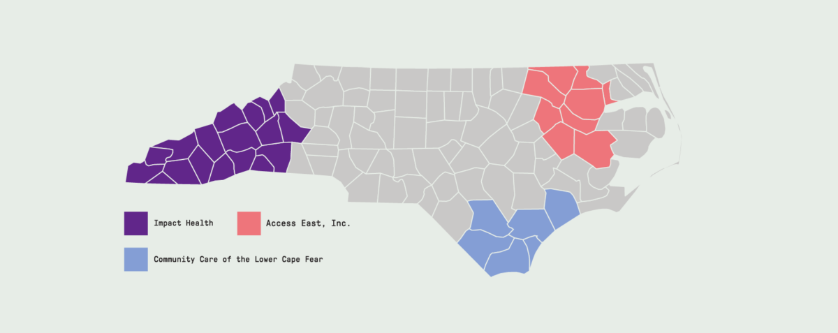 A map of North Carolina counties, with 18 counties colored purple in the west for Impact Health, nine colored coral in the north for Access East, Inc. and six colored blue in the south for Community Care of the Lower Cape Fear.