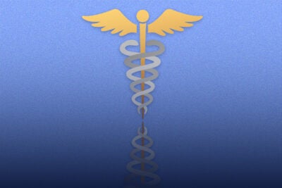 Vector illustration: A golden caduceus is wrapped with two gray snakes. The illustration is on a blue, speckled gradient background.