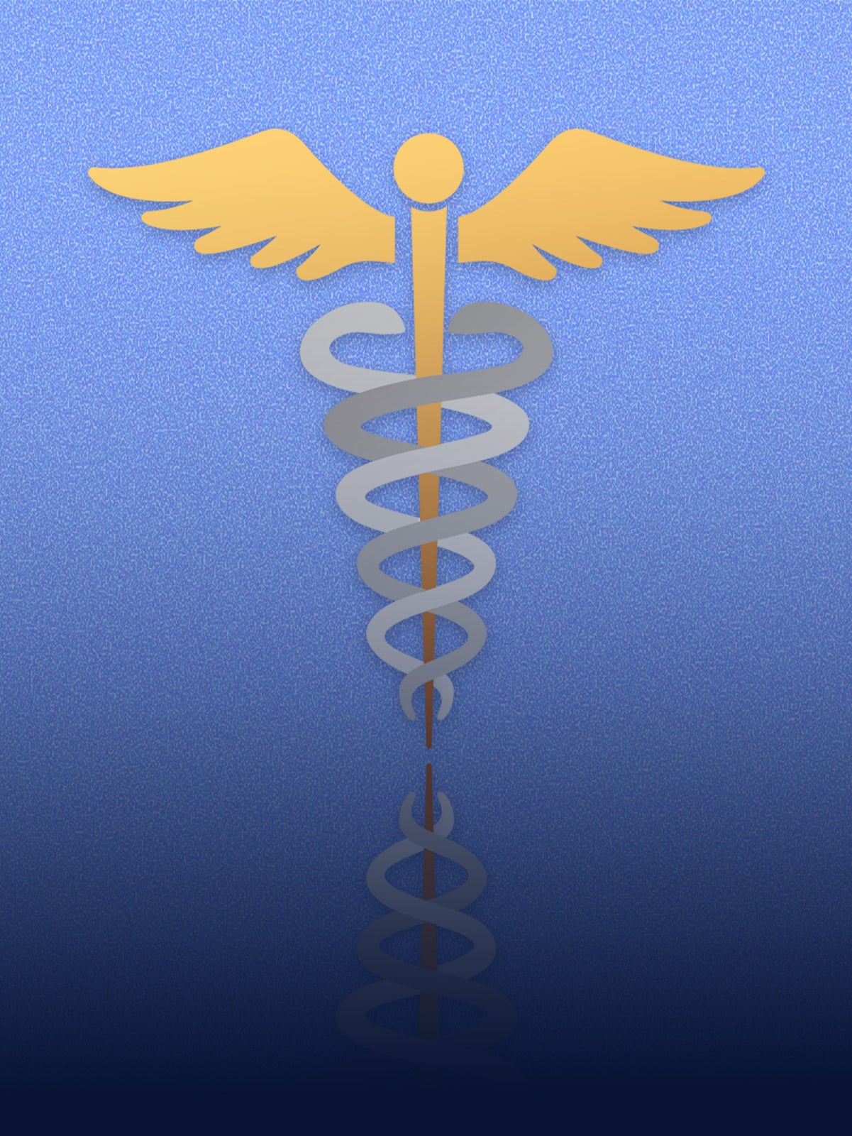 Vector illustration: A golden caduceus is wrapped with two gray snakes. The illustration is on a blue, speckled gradient background.