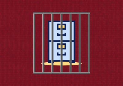 Illustration: A blue and gray file cabinet is behind a set of prison bars. The composition is on a deep crimson background and a binary code pattern overlays the illustration.