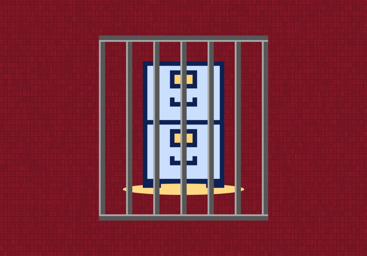 Illustration: A blue and gray file cabinet is behind a set of prison bars. The composition is on a deep crimson background and a binary code pattern overlays the illustration.
