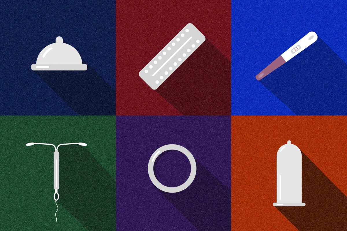 A six-square grid of birth control icons. From top left: diaphragm, birth control pills, pregnancy text, condom, birth control ring, IUD.