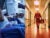 Diptych image: Left: Close-up of a Black patient receiving dialysis at a clinic. Their arm is outstretched with tubes connected. Right: A figure in a red jumpsuit and cap holds an organ transplant cooler and walks down a yellow colored hallway.