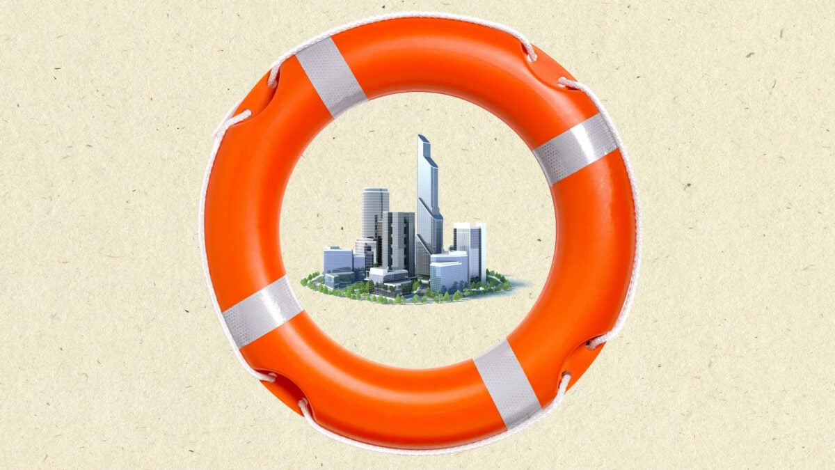 Orange and white life ring around an isolated city. The composition is on a beige paper background.