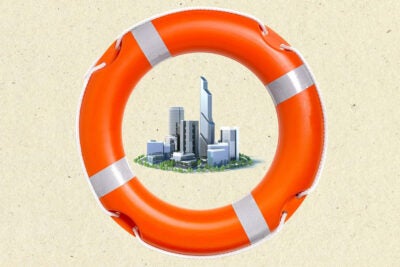 Orange and white life ring around an isolated city. The composition is on a beige paper background.