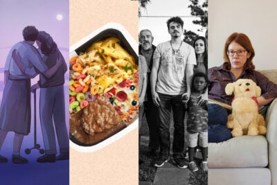 Four slivers of images compiled in one. From left: Illustration of the backs of two figures in a side embrace; one holds a cane. Photo collage of four processed foods on a plate. Photo of a twenty-something man, holding hands with a child with an elderly man and middle-aged woman behind him. Photo of a woman sitting on a couch with a robotic dog.