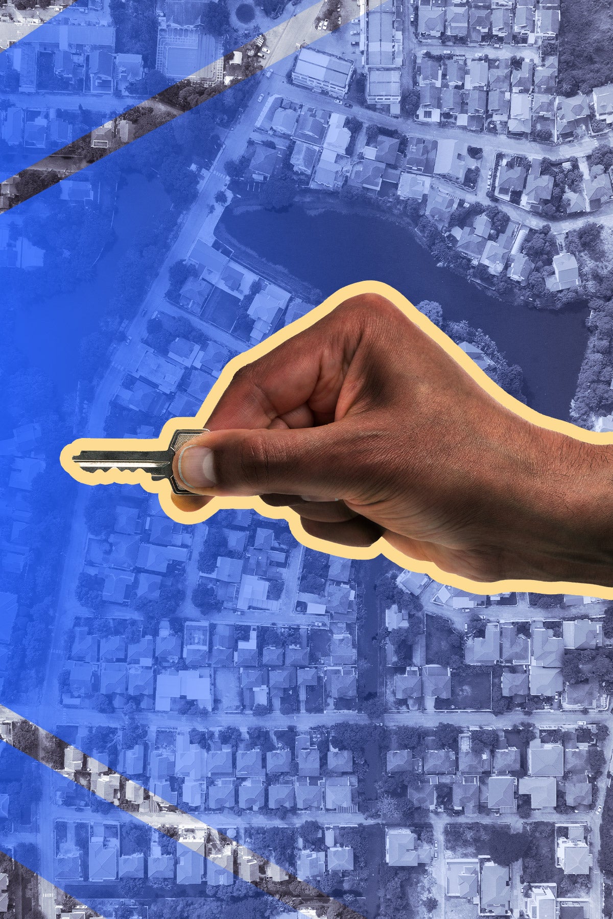 Photo illustration: A Black hand holds a key in a “unlock” position. The hand is on top of birdseye photo of a suburban houses, and there is a blue glow coming from the left side of the photo.