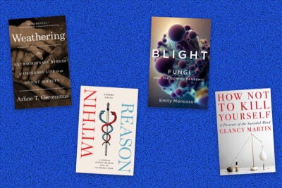 Four book covers on a blue and black speckled background. Left to Right: "Weathering" by Arline T. Geronimus, "Within Reason" by Sandro Galea, "Blight" by Emily Monosson, and "How not to kill yourself" by Clancy Martin.