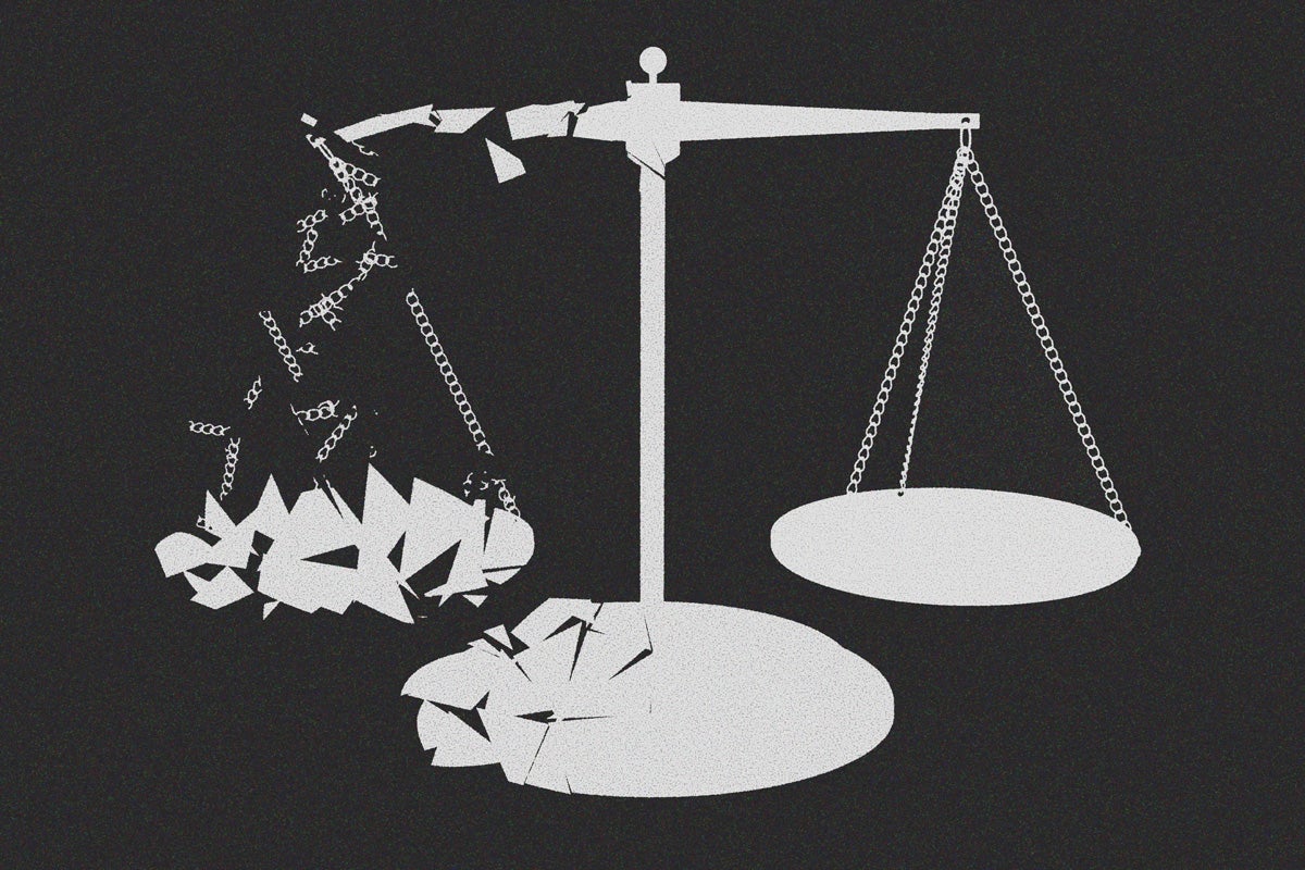 Illustration: Light gray scales of justice dissolve from left to right on a dark gray background.