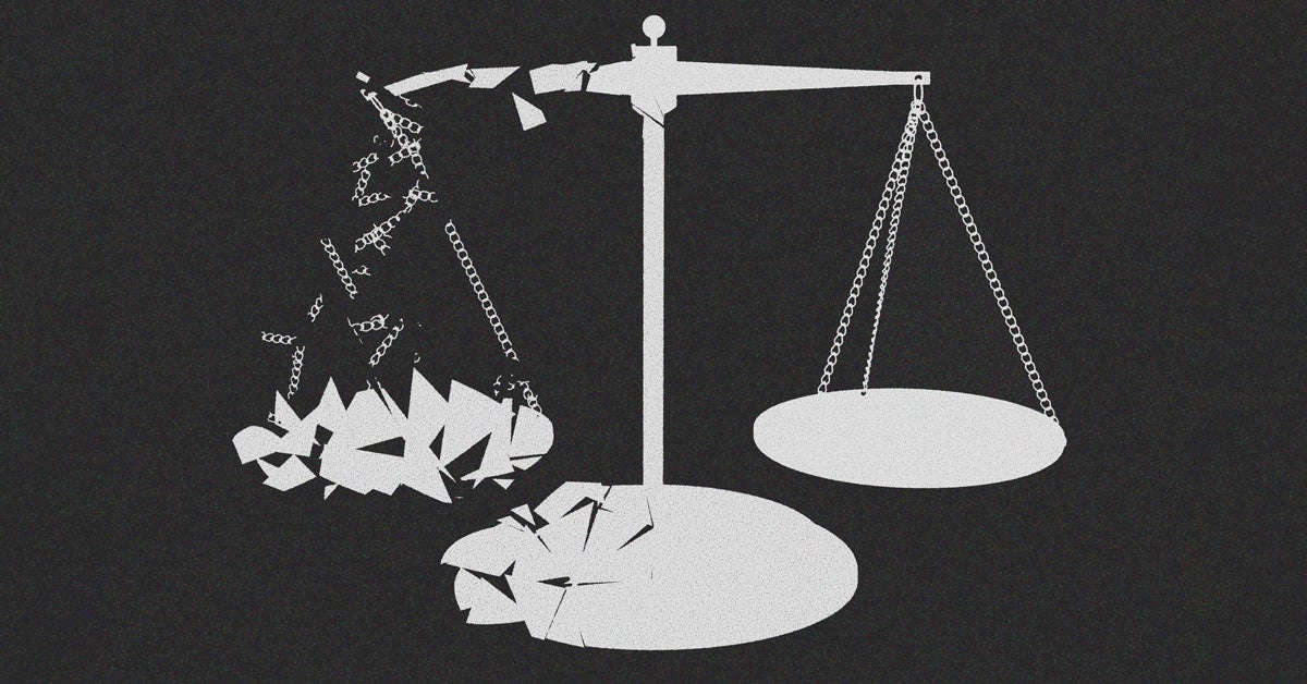 Illustration: Light gray scales of justice dissolve from left to right on a dark gray background.
