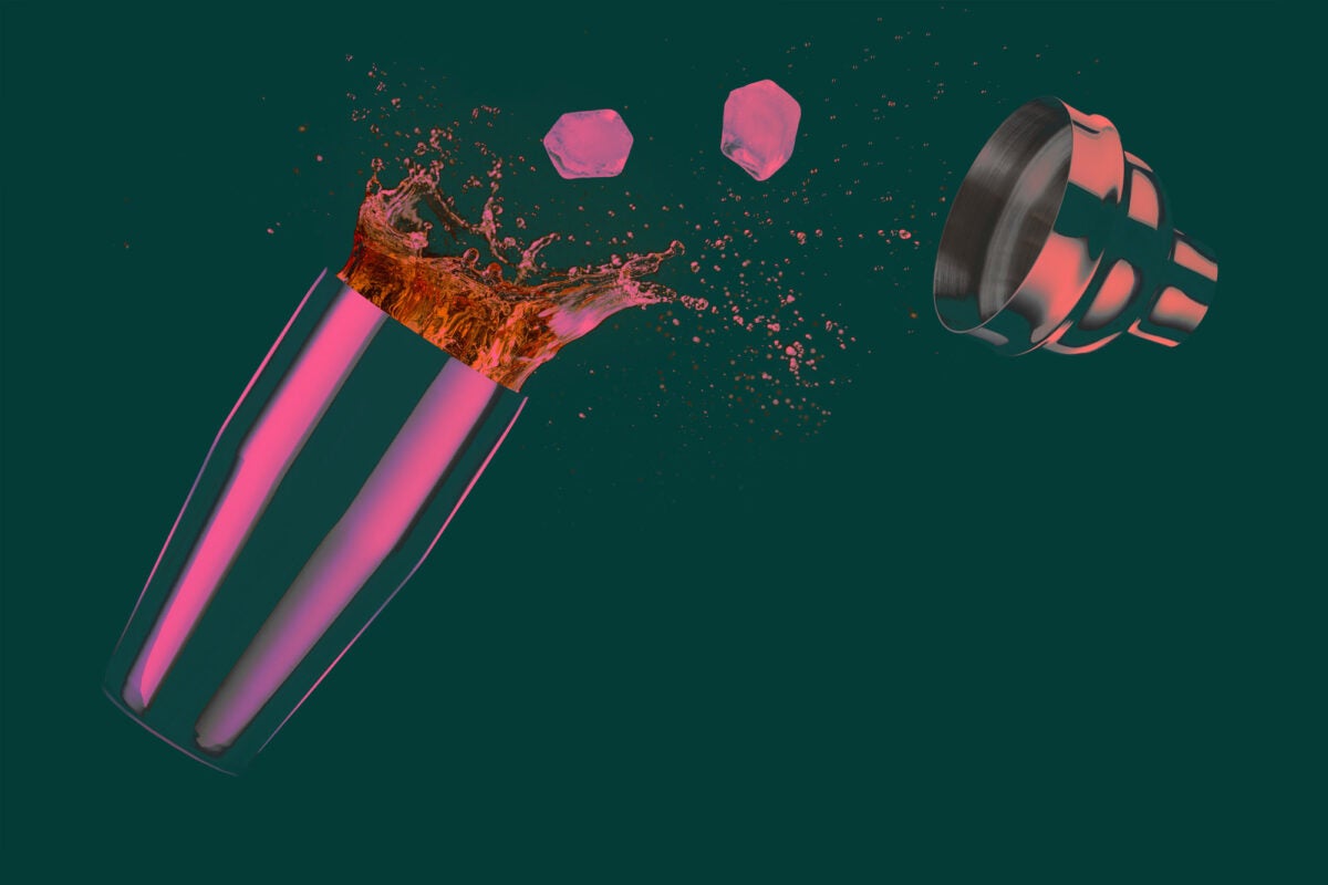 Photo illustration: A cocktail shaker spills in midair with two ice cubes spilling out. The cocktail shaker is pink and orange on a dark green background.