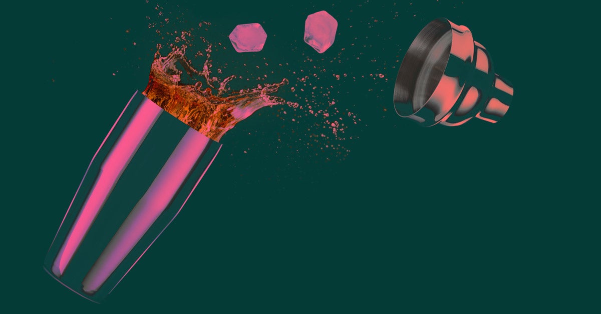 Photo illustration: A cocktail shaker spills in midair with two ice cubes spilling out. The cocktail shaker is pink and orange on a dark green background.