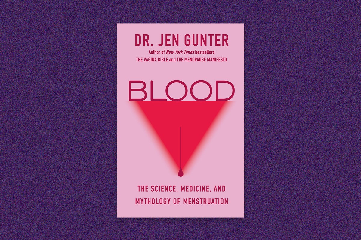 Book cover: “Blood: The Science, medicine, and mythology of menstruation” by Dr. Jen Gunter. The cover is pink with red text and an inverted triangle with a single drop of blood at the tip. The book cover is on a purple speckled background.