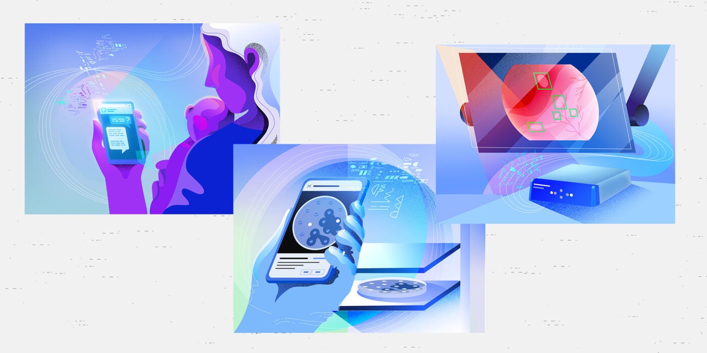 Three illustrations on a light grey background show uses of artificial intelligence in real-life settings: a mother holds an infant and communicates with a chatbot, a hand holds a phone and gets diagnostics of a Petri dish, and a medical monitor detects potential cancer spots with tech from a blue device.