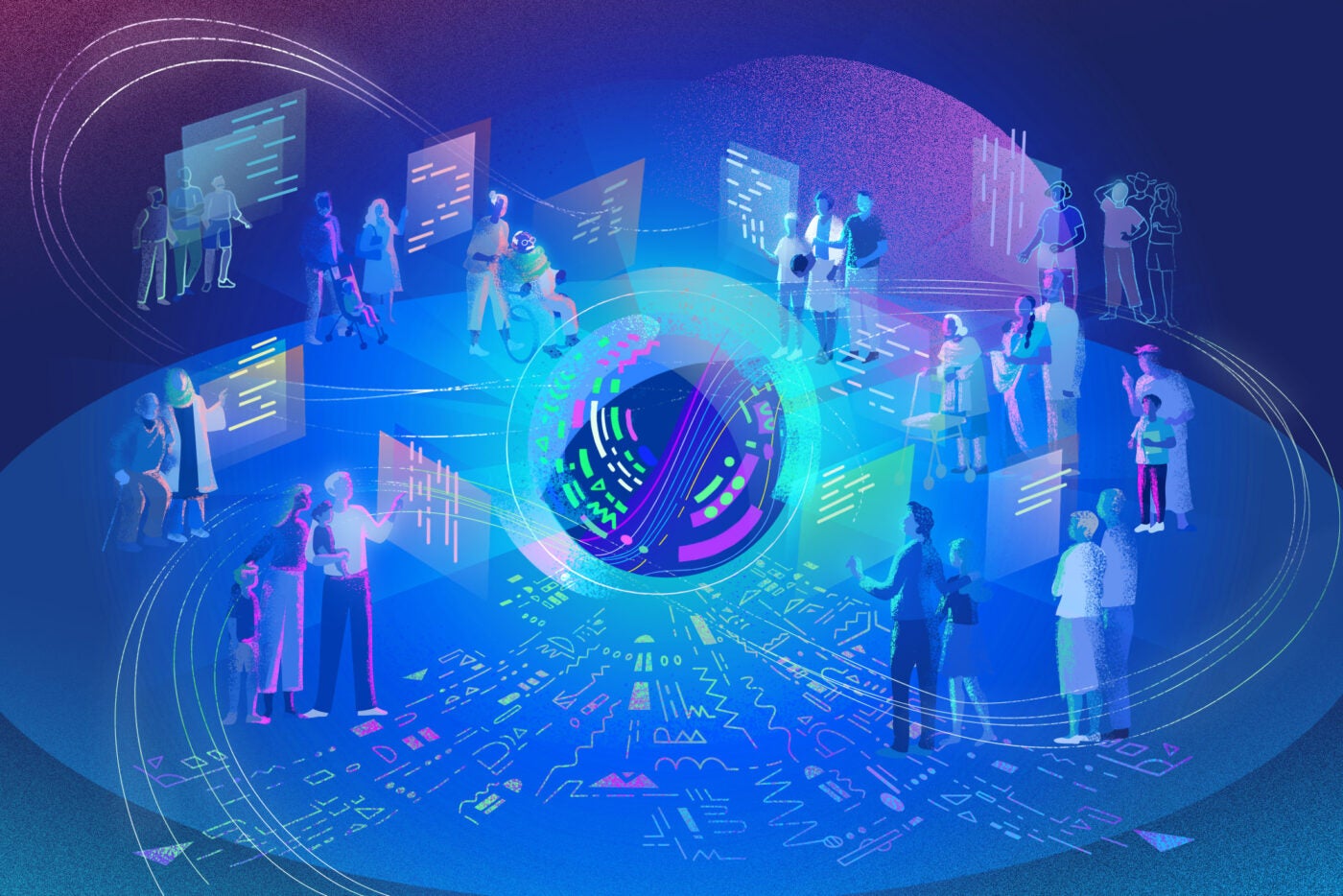 Illustration: An orb with shapes and symbols indicating artificial intelligence swirls with lines and information. Figures and families interact with screens of translated AI into words and data. The illustration is shades of blue, purples, and grey.