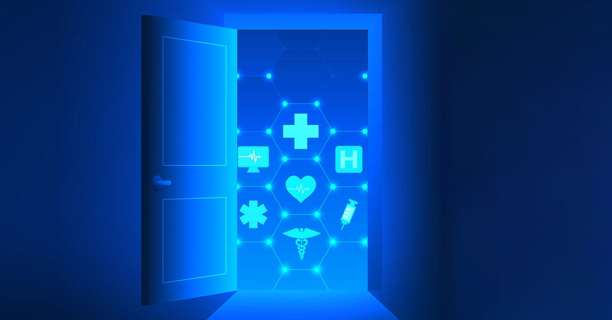 Digital illustration: A door in dark room opens to reveal floating health and data icons. The composition is shades of blue.