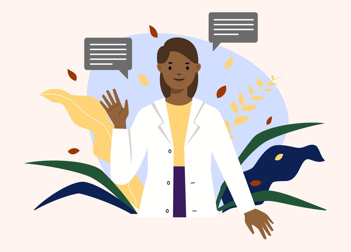 Illustration: A healthcare worker says hello in a welcoming gesture. Plants and other botanical shapes surround her.
