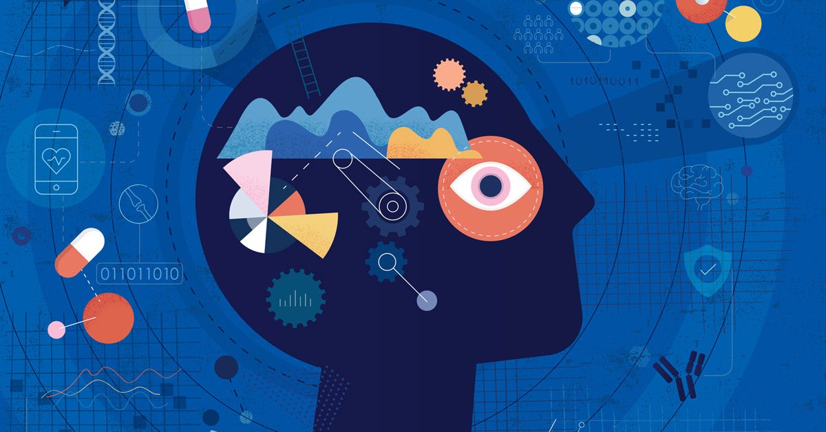 Illustration: Shapes, gears, pills, circles, and DNA strands and other patterns on a blue background. A navy blue profile of a head is in the center and interacts with the background.