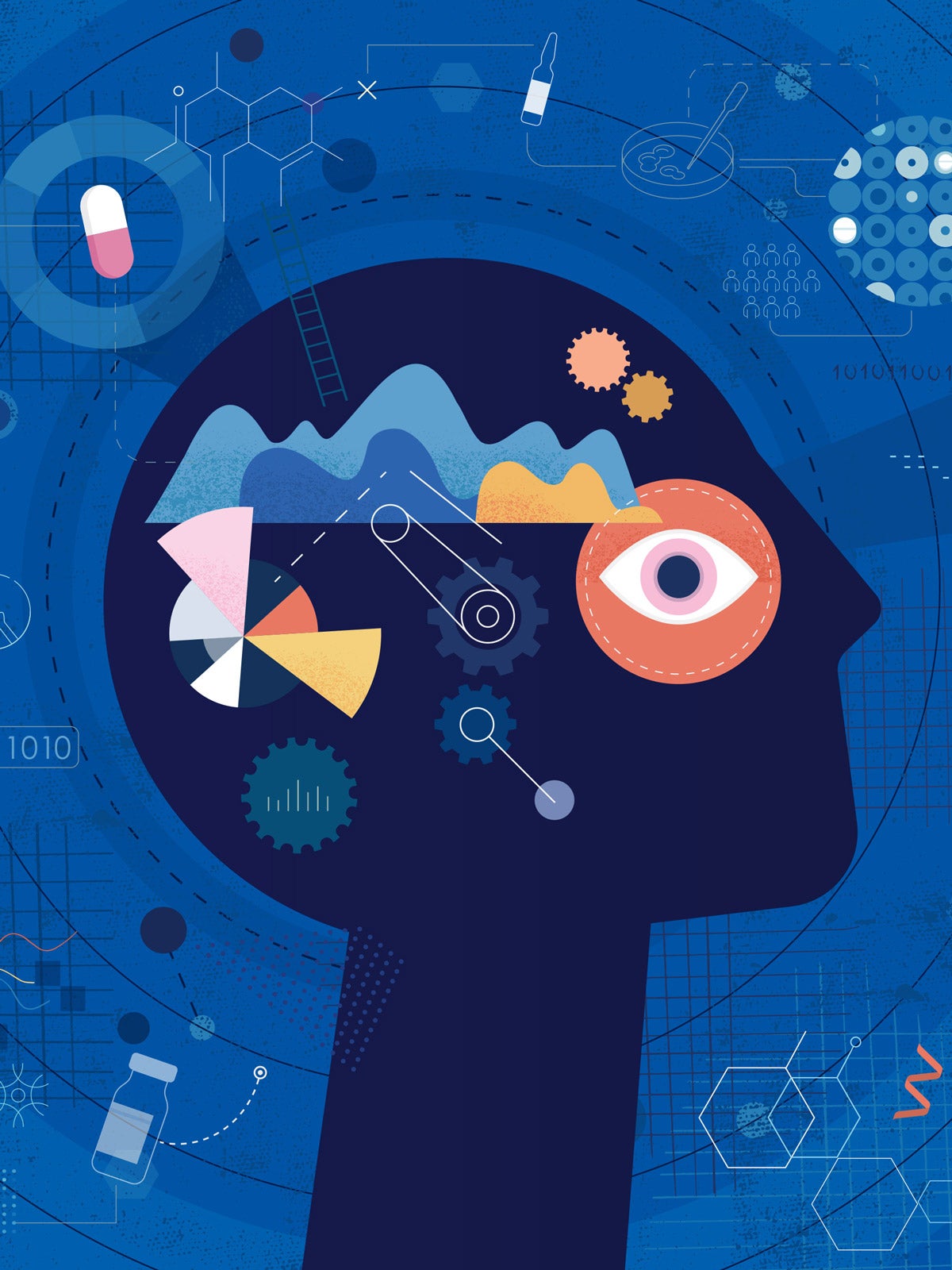 Illustration: Shapes, gears, pills, circles, and DNA strands and other patterns on a blue background. A navy blue profile of a head is in the center and interacts with the background.