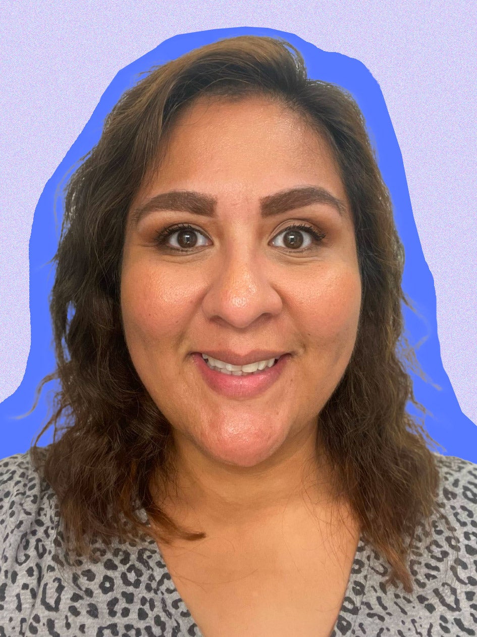 Headshot of Jenn Lopez, Clinical Supervisor at Inland Caregiver Resource Center, on a blush colored background. A yellow outline cut-out frames her outline.